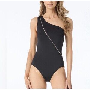 Michael Kors Women's Zip Front One Shoulder One Piece Swimsuit Black Size 4 New